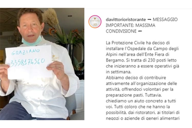 Il messaggio per l'ospedale da campo di Bergamo - Chicco Cerea ospite a Parma Altro gesto di solidarietà bergamasca