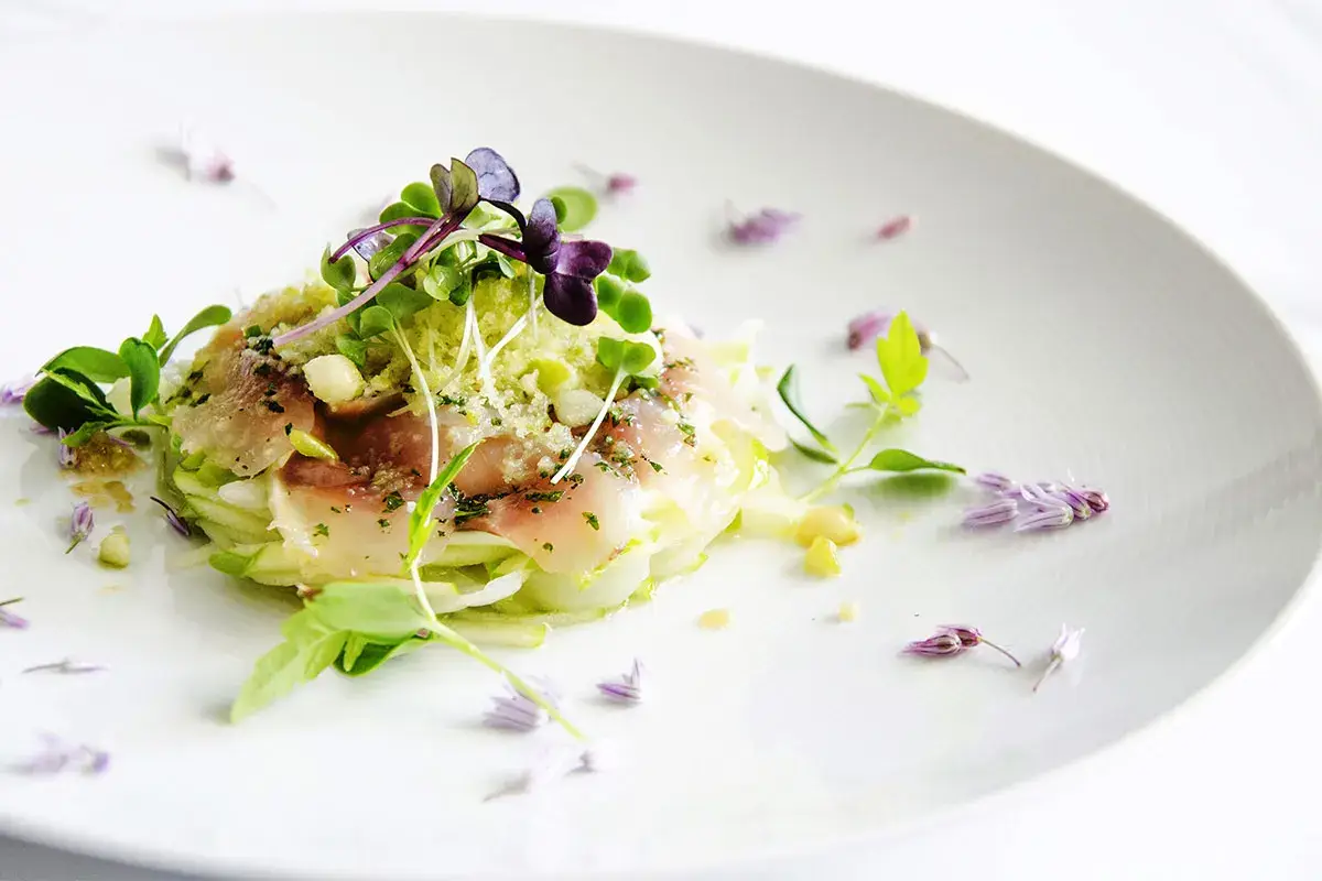Cipollata con Granny Smith, crema di robiola di Roccaverano, sgombro marinato al limone e zenzero, gelo di mela&nbsp; Cipollata, robiola di Roccaverano,sgombro marinato e gelo di mela