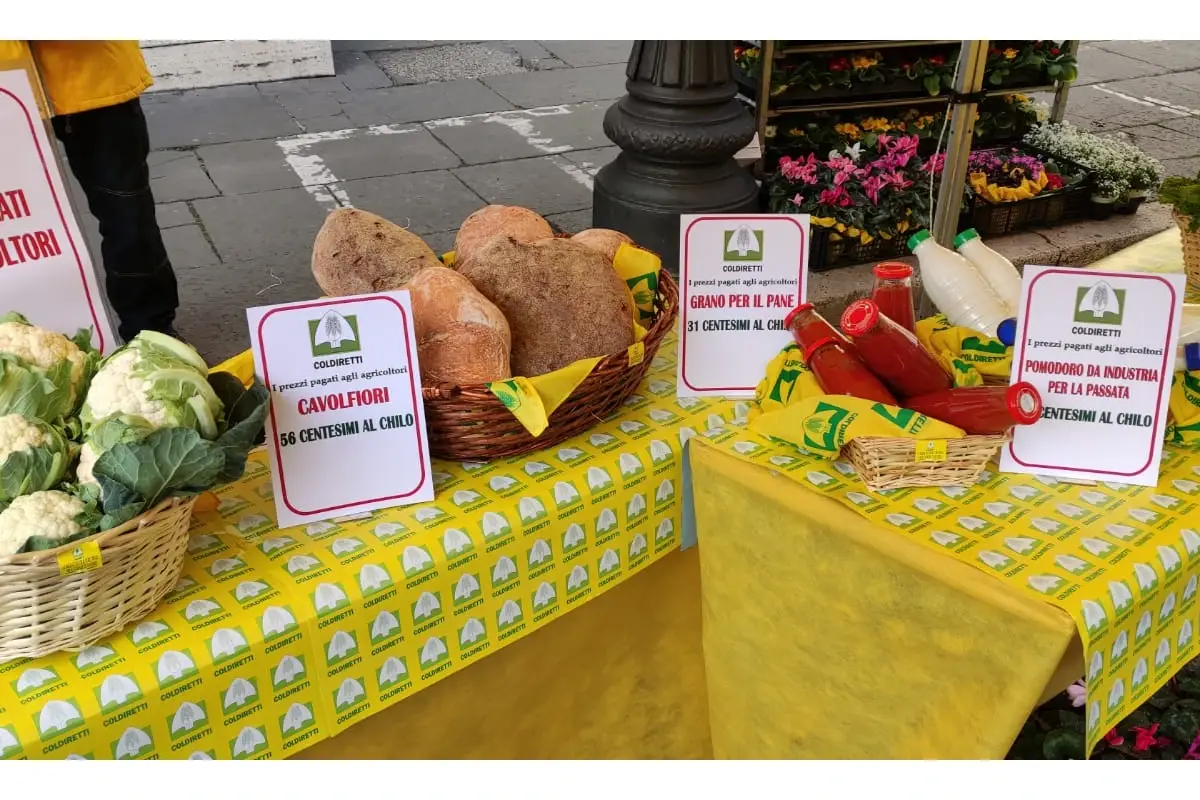 Prodotti Coldiretti in mostra sul tavolo della verit&agrave; Agricoltori in piazza contro caro energia e materie prime
