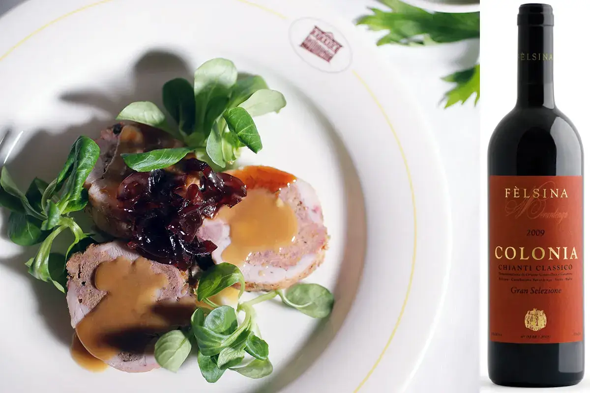 &ldquo;Coniglio Ripieno in porchetta su spuma di fegatello e cipolla caramellata&rdquo; di Emiliano Rossi &pound;$L&rsquo;Italia del vino:$&pound; tre Chianti da non perdere