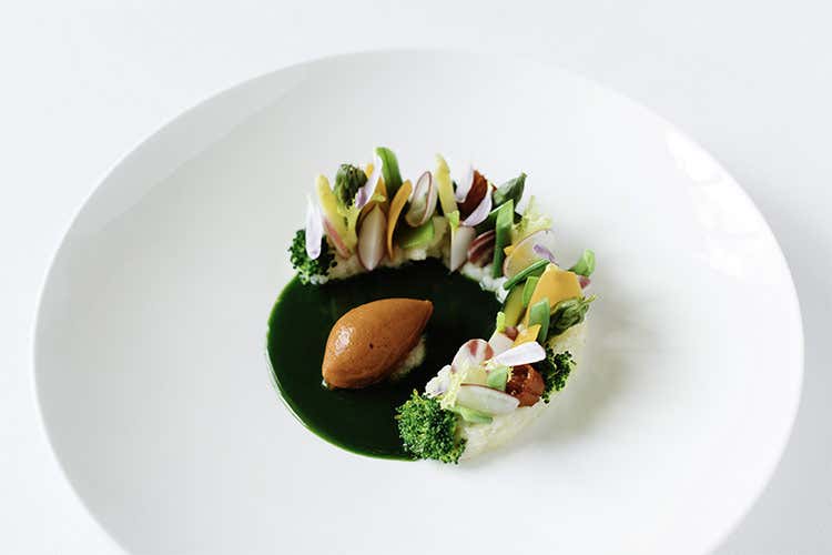 Cotto e crudo di verdure con purea di zucca e gelato ai porcini