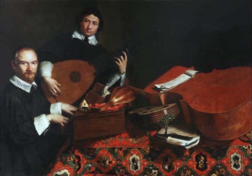 Accademia musicale di Evaristo Baschenis alla spinetta e di Ottavio Agliardi con arciliuto, mandola, chitarra, violone, intavolatura per liuto