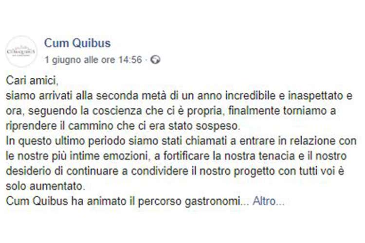 L'anteprima del post su Fb del ristorante Cum Quibus - San Giminiano, le cucine ripartono ma due cuochi stellati se ne vanno