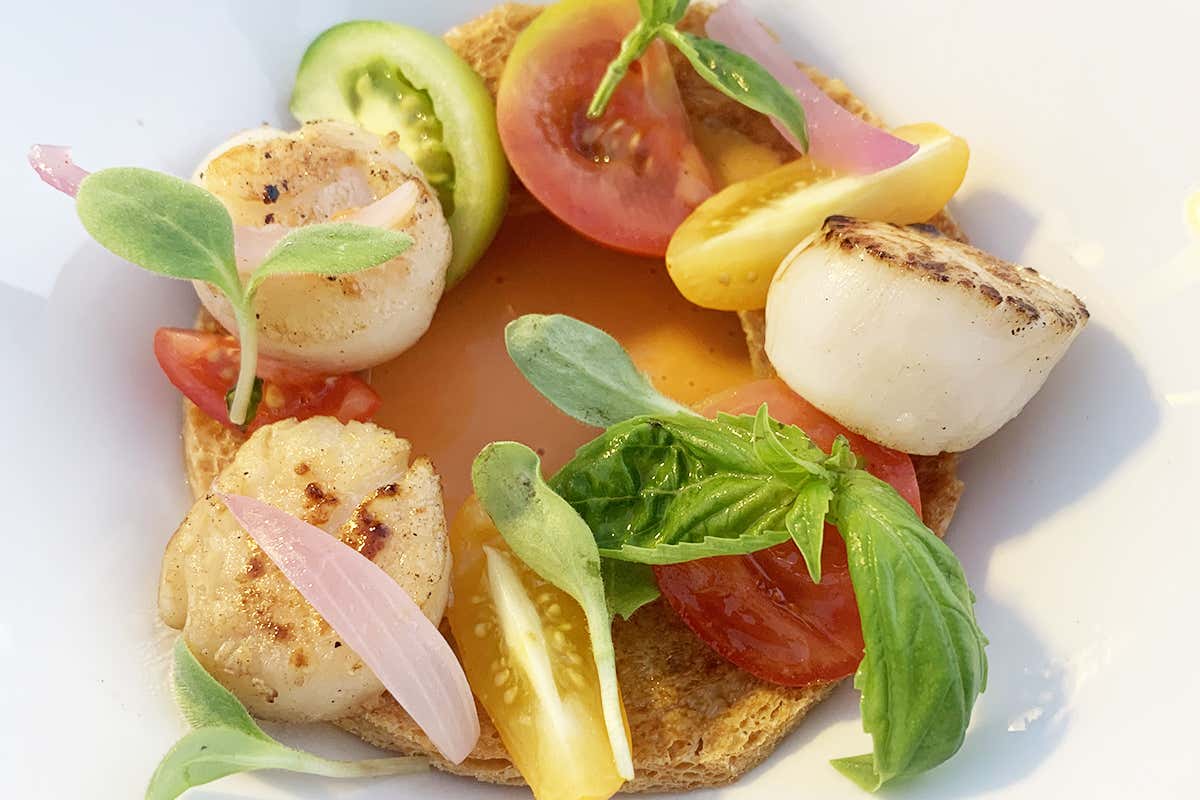 Frisella con sugo di panzanella, capesante, due pomodorini differenti e cipolla di Tropea All’Hotel Aleph di Roma il menu estivo è un viaggio di gusto in Italia