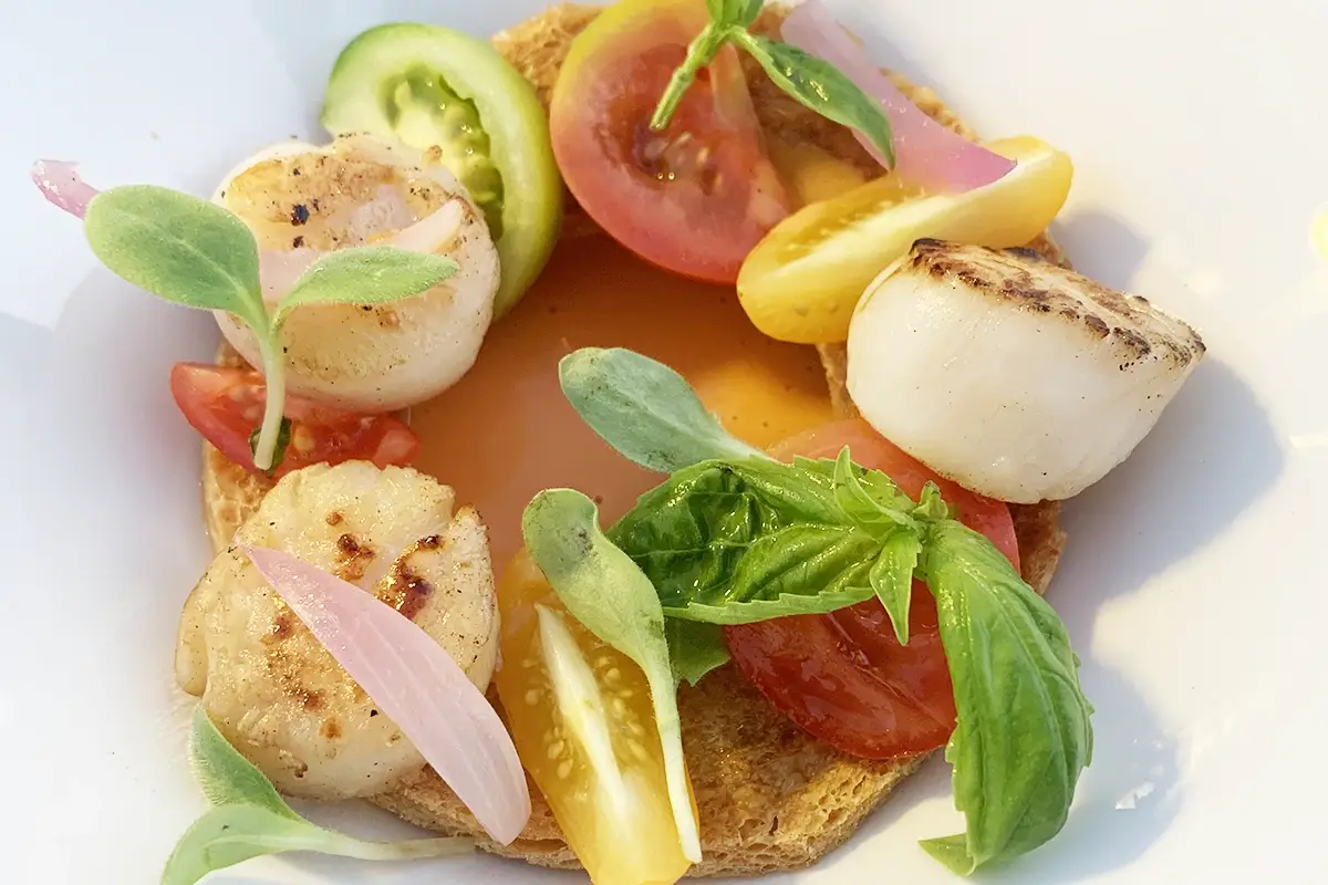 Frisella con sugo di panzanella, capesante, due pomodorini differenti e cipolla di Tropea All’Hotel Aleph di Roma il menu estivo è un viaggio di gusto in Italia