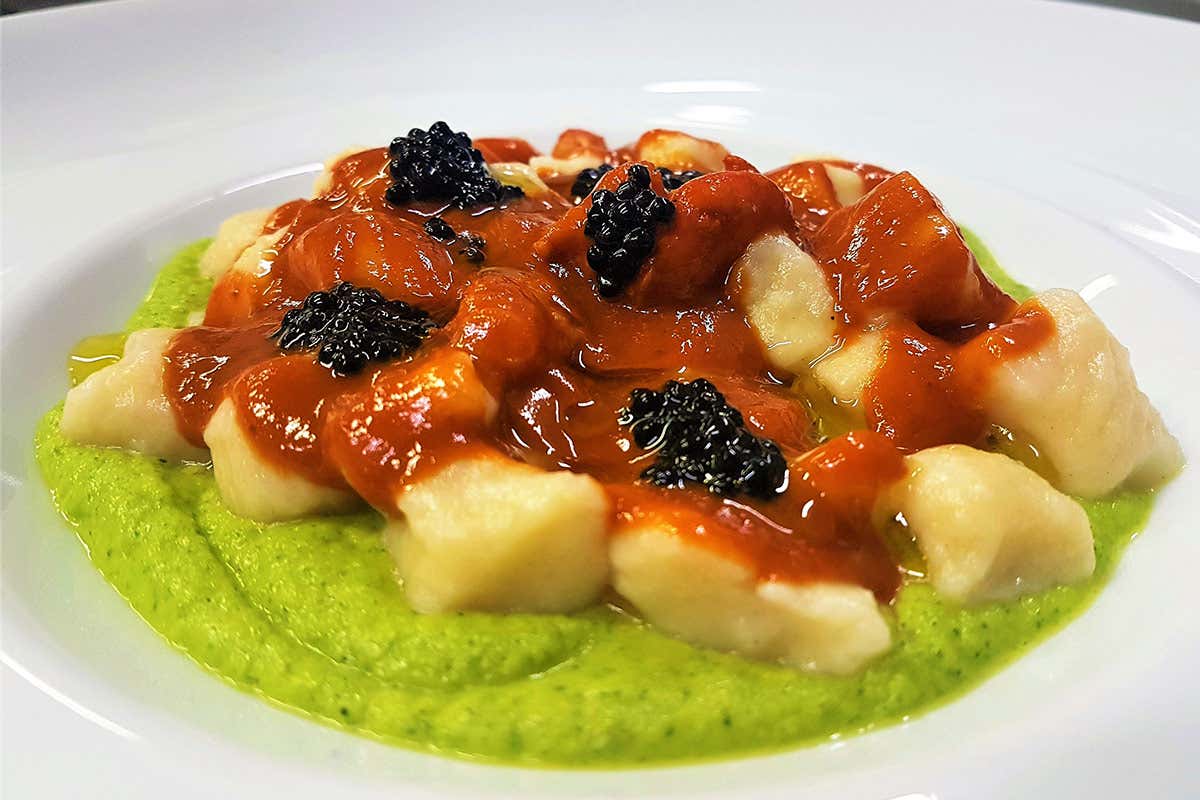 Gnocchi di patate su emulsione di zucchina, bisque di gambero rosso e caviale di tartufo Gnocchi di patate su emulsione di zucchina, bisque di gambero rosso e caviale di tartufo