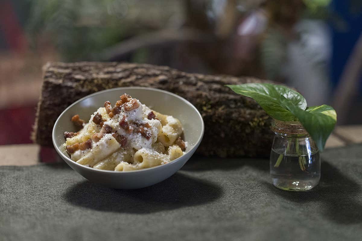 Gricia con pork belly croccante Hub culturale e smoke barbeque in un Orto Romano che guarda il Cupolone