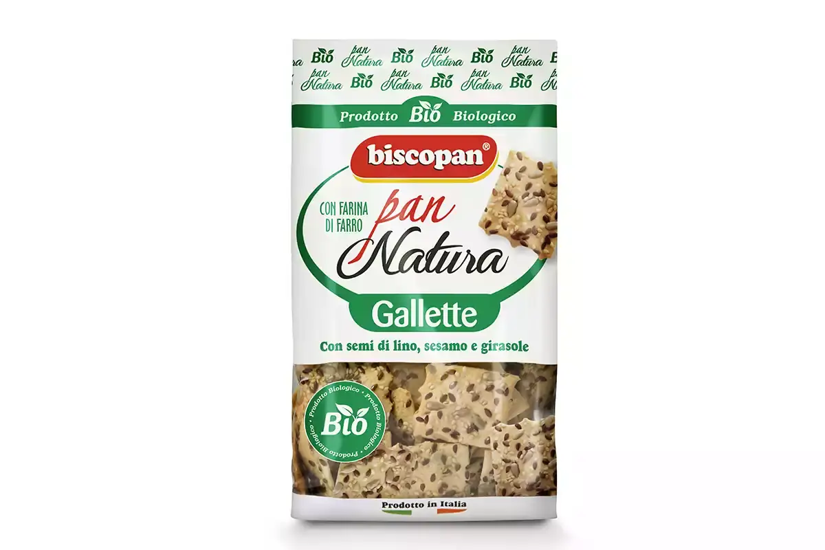 Gallette biologiche linea Pan Natura di Biscopan con farina di farro Koch e Biscopan, specializzate in valore aggiunto