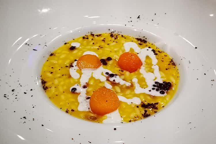 Risotto carnaroli Acquerello al melone e culatello, con sferificazione di Porto e pepe di Cubebe (Golf Hotel Vicenza, duetto in cucina Rizzardi ospite del resident Casti)