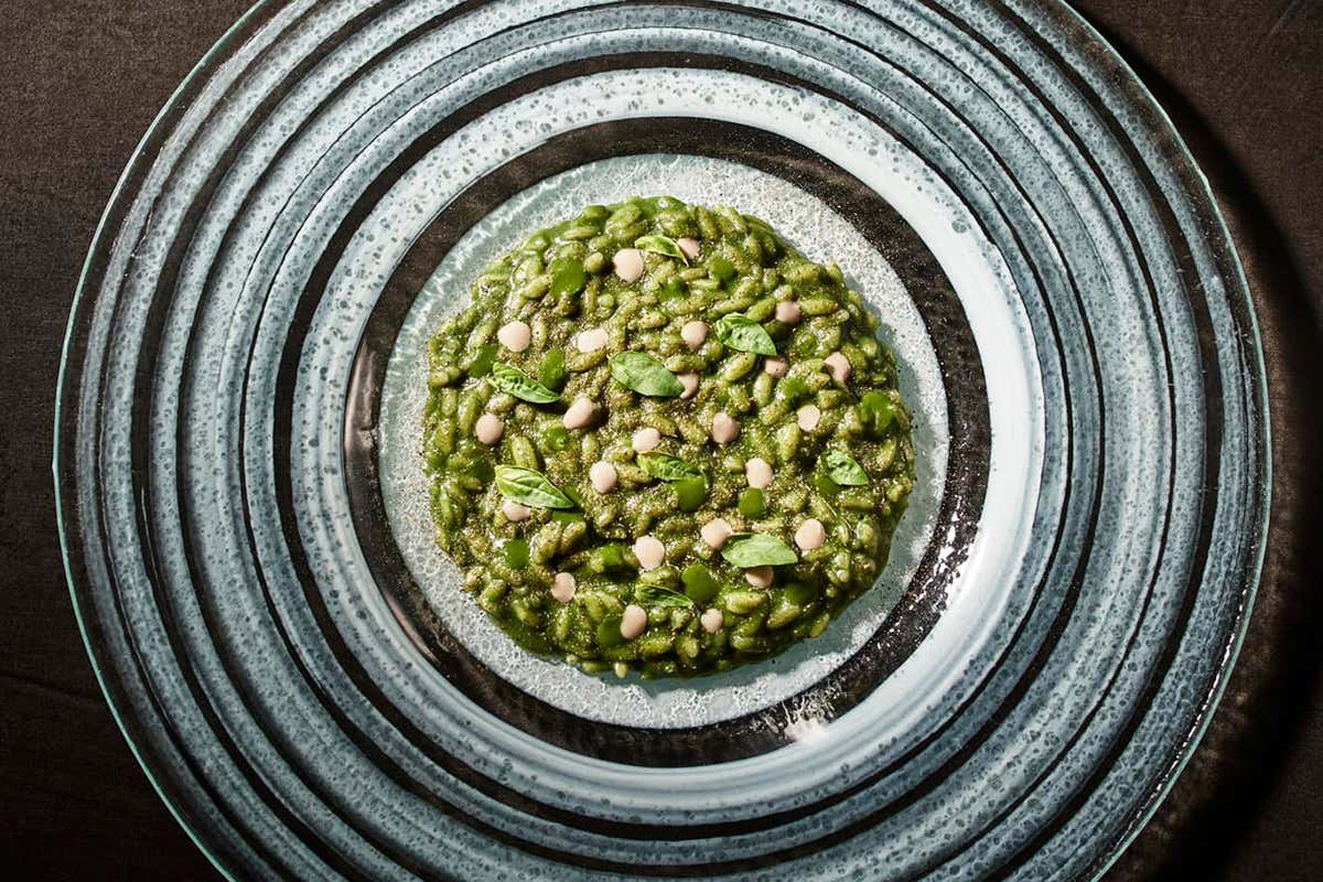 Harrysotto risotto, acqua di pomodoro, plancton, acciughe, basilico, capperi Harry’s Piccolo, le 2 stelle di Metullio illuminano il salotto vista mare di Trieste