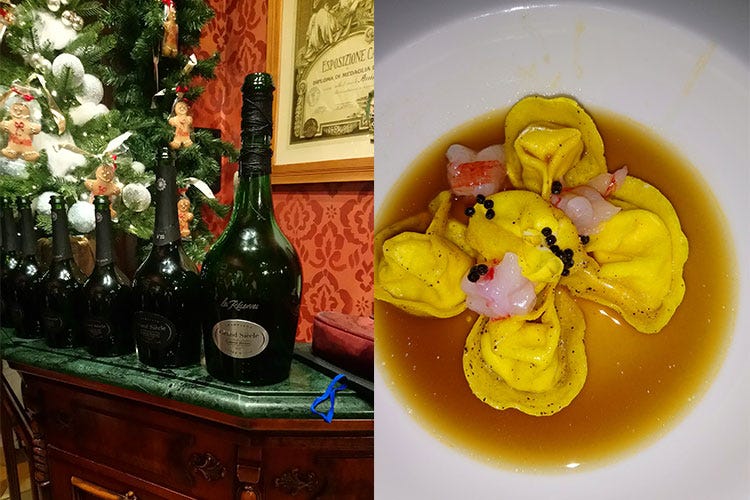 Le bottiglie di Perrier con uno dei piatti proposti dallo chef (Hotel e ristorante per romanticoni Al Borducan per una fuga di coppia)