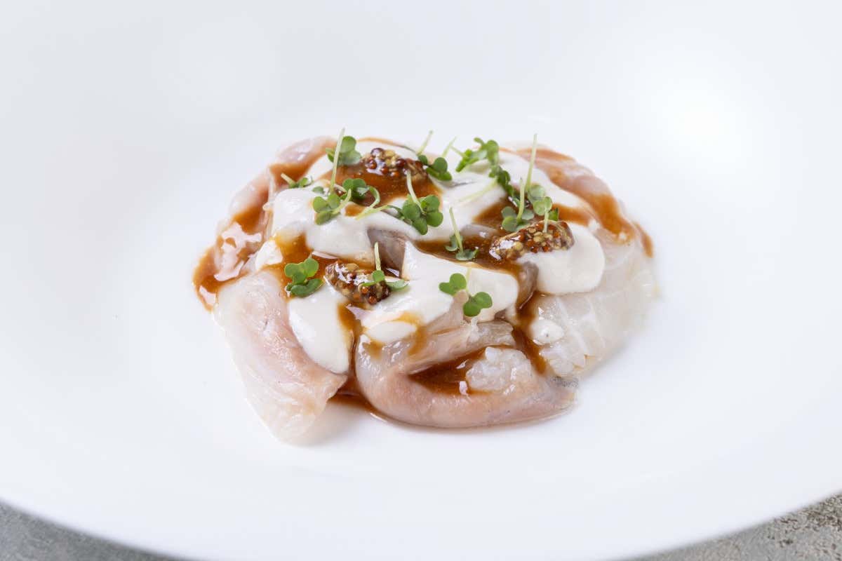 Seven Restaurant: Crudo di orata, il suo fondo bruno, latte di mandorle e senape