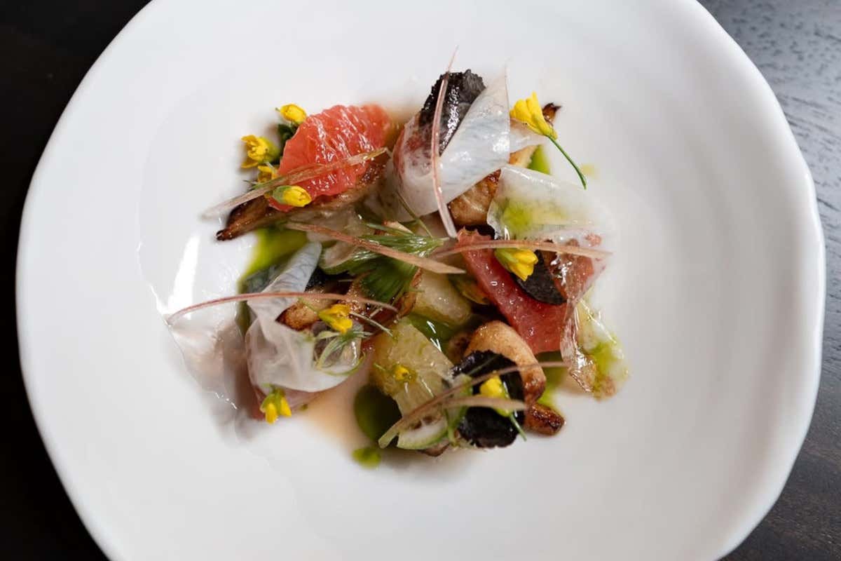 Carciofi e agrumi, guanciale, tartufo nero, pino, vinaigrette al lievito tostato