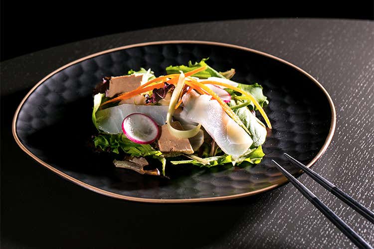 Insalata di baccala e foie gras d'anatra, ponzu e aceto di lampone - Staycation romana a La Place con la cucina di Massimo Viglietti