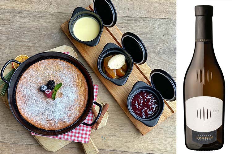 Kaiserschmarren, mele, vaniglia, mirtilli, abbinato a Roen 2018 Cantina Tramin (L'Italia del Vino Il Natale altoatesino)