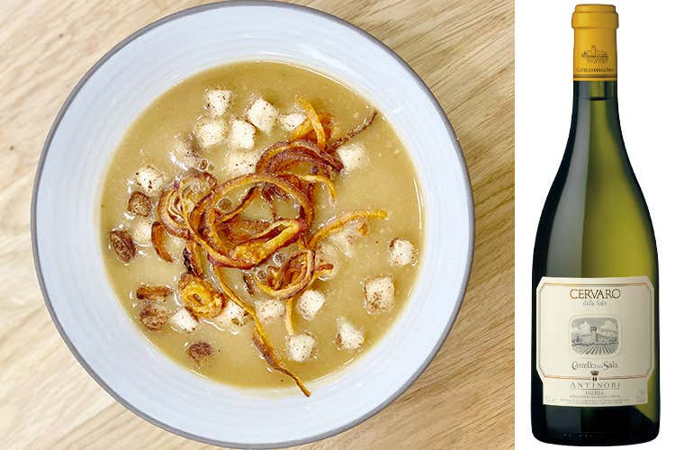 Zuppa alla cipolla e crostone in abbinamento a Cervaro della Sala 2017 Castello della Sala, Antinori (L'Italia del vino La storicit&agrave; dell'Umbria)