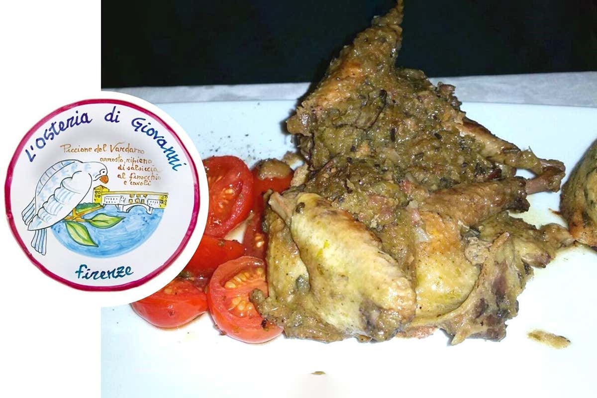 Piccione del Valdarno arrosto ripieno di salsiccia al finocchio e cavolo nero
