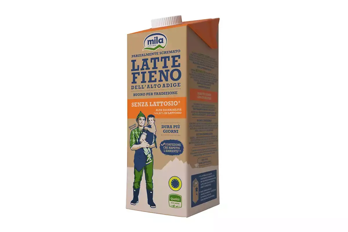 Il pack di Latte Fieno Stg di MIla &egrave; realizzato con oltre l'80% di fonti rinnovabili Natura in primo piano con il burro Bayerland e il latte Mila