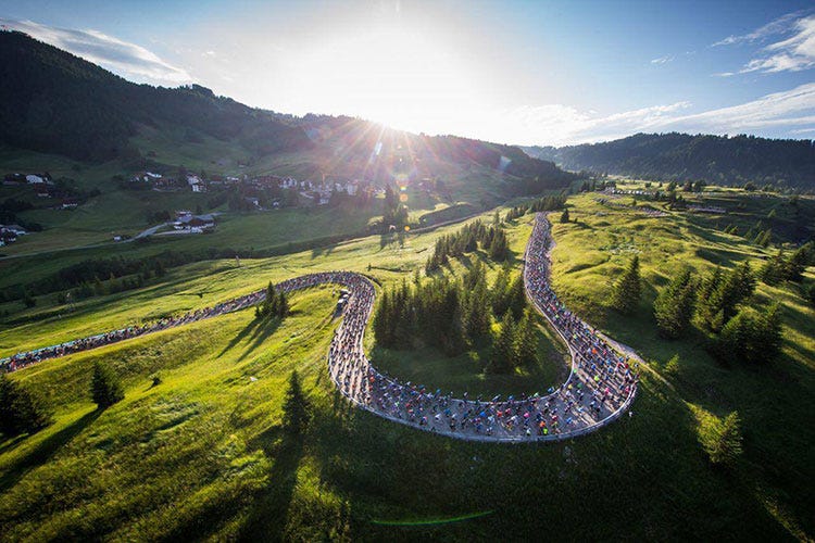 Il serpentone di ciclisti alle prese con la scalata del Campolongo (Maratona dles Dolomites A scuola di turismo sportivo)