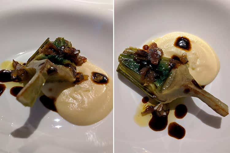 Carciofo ligure con crema di ceci e bagna cauda di missoltini (Mario Cornali, il cuoco filosofo I piatti come cori di voci distinte)