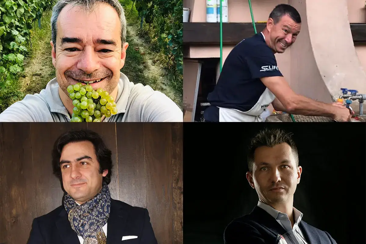 Sopra: Massimo Pastura, Francesco Parisi; sotto: Paolo Trappolini, Nicola Biasi &pound;$I Maestri raccontano...$&pound; Quattro calici per quattro grandi enologi