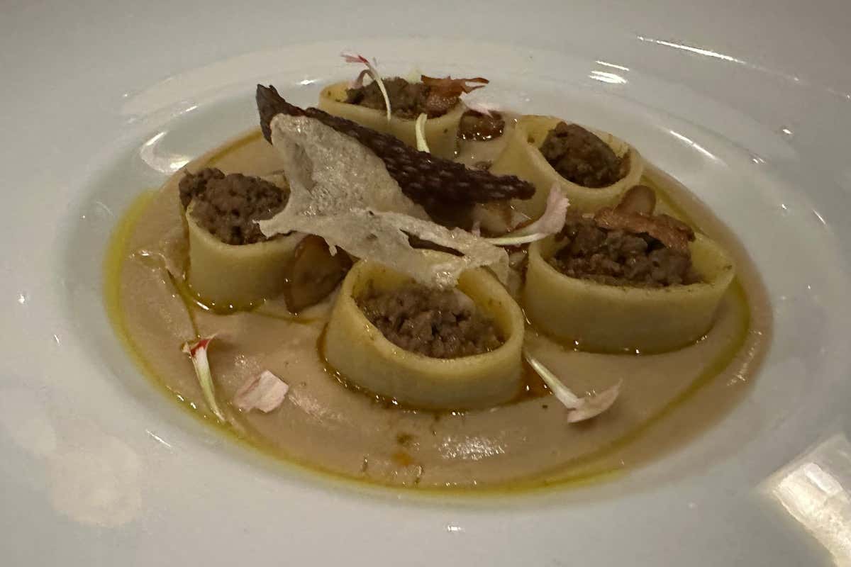 Mezzemaniche di cinghiale con zuppa etrusca di ceci e castagne, olio al finocchietto Sempre più charme a Il Falconiere: la nuova sala valorizza l’alta cucina di Silvia Baracchi