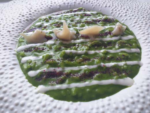 Risotto acquerello mantecato con pesto di basilico, burrata, tartufi di mare e polvere di barbabietola