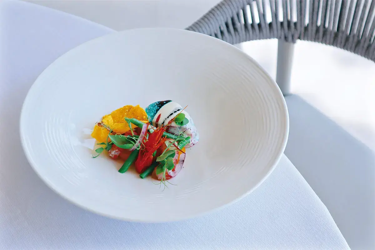 Morone oceanico, crema di patate, panzanella toscana e gambero crudo - foto Giulia Nutricati Morone oceanico, crema di patate, panzanella toscana e gambero crudo