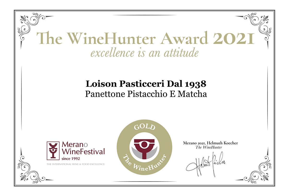 The WineHUnter Gold assegnato al Panettone Pistacchio e Matcha Pioggia di premi per Pasticceria Loison