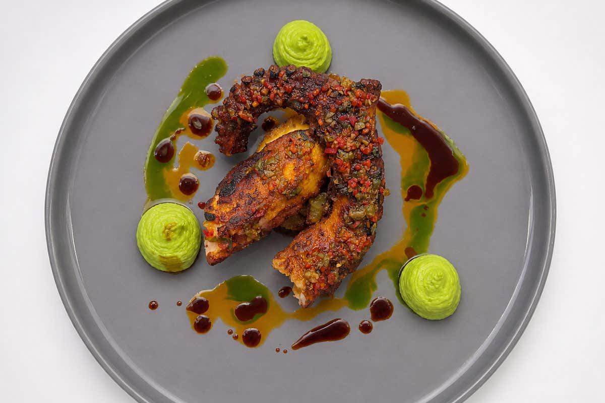 Polpo alla brace, patata saute`, salsa chimichurri e piselli montati - Nuvole Garden Hotel