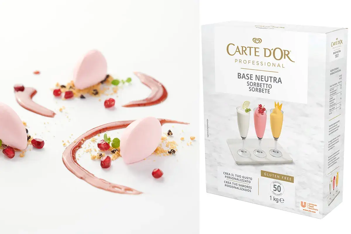 Quenelle di sorbetto al melograno e coulis di lamponi Basi Neutre Carte D&rsquo;Or Professional: risultati eccellenti, risparmiando tempo e costi