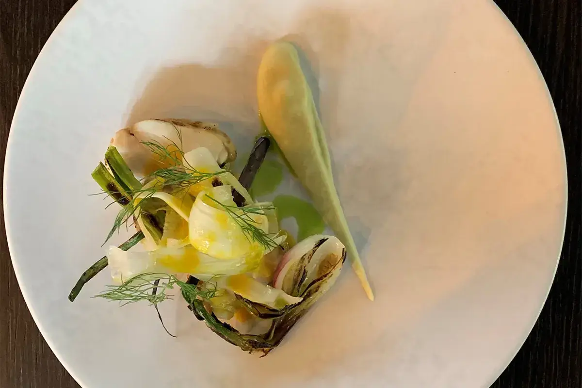 Rana pescatrice della Cornovaglia ai carboni, salsa yakitori, finocchi, cipollotti e riduzione di peperoni Rana pescatrice della Cornovaglia ai carboni, salsa yakitori, finocchi, cipollotti e riduzione di peperoni