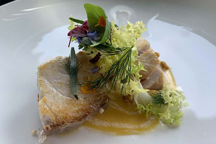 Ricciola alla brace, pomosoro giallo, taralli, erbe e fiori Terrazza Gallia inaugura l&rsquo;estate Il menu dedicato dei fratelli Lebano