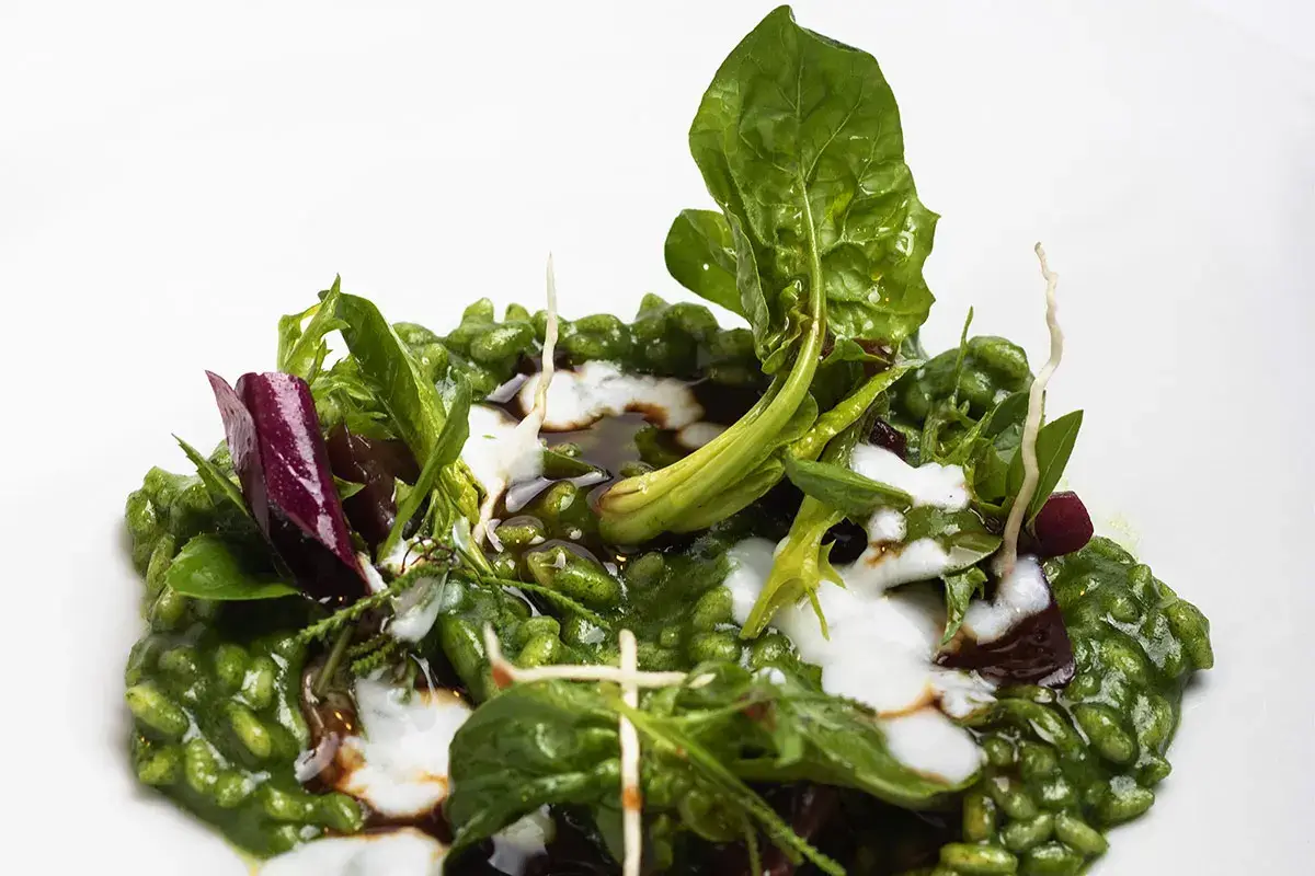 Risotto, radici, erbe di campo e lepre Risotto, radici, erbe di campo e lepre