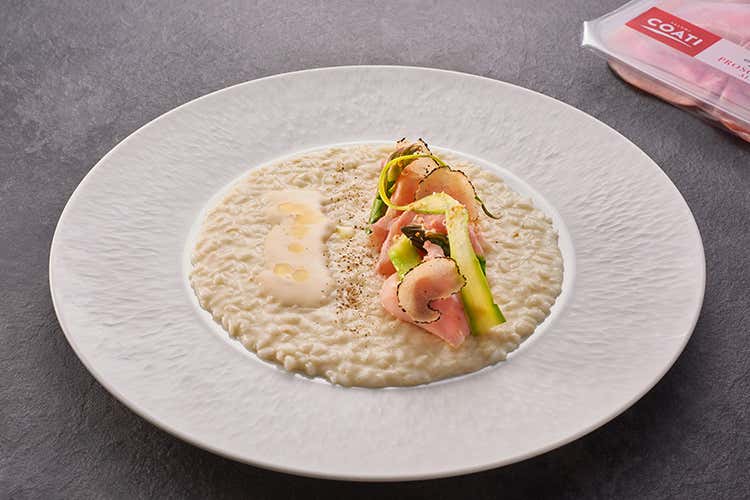 Risotto agli asparagi, prosciutto e ricotta affumicata con salsa al prosciutto Mauro Buffo con Salumi Coati Valore aggiunto ai 12 Apostoli