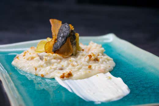 Risotto affumicato al passion fruit e gambero rosso Risotto affumicato al passion fruit e gambero rosso