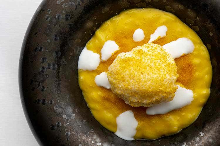Il risotto alla zucca di Gaetano Trovato - Riso Carnaroli riserva San Massimo zucca, kefir e mandarino