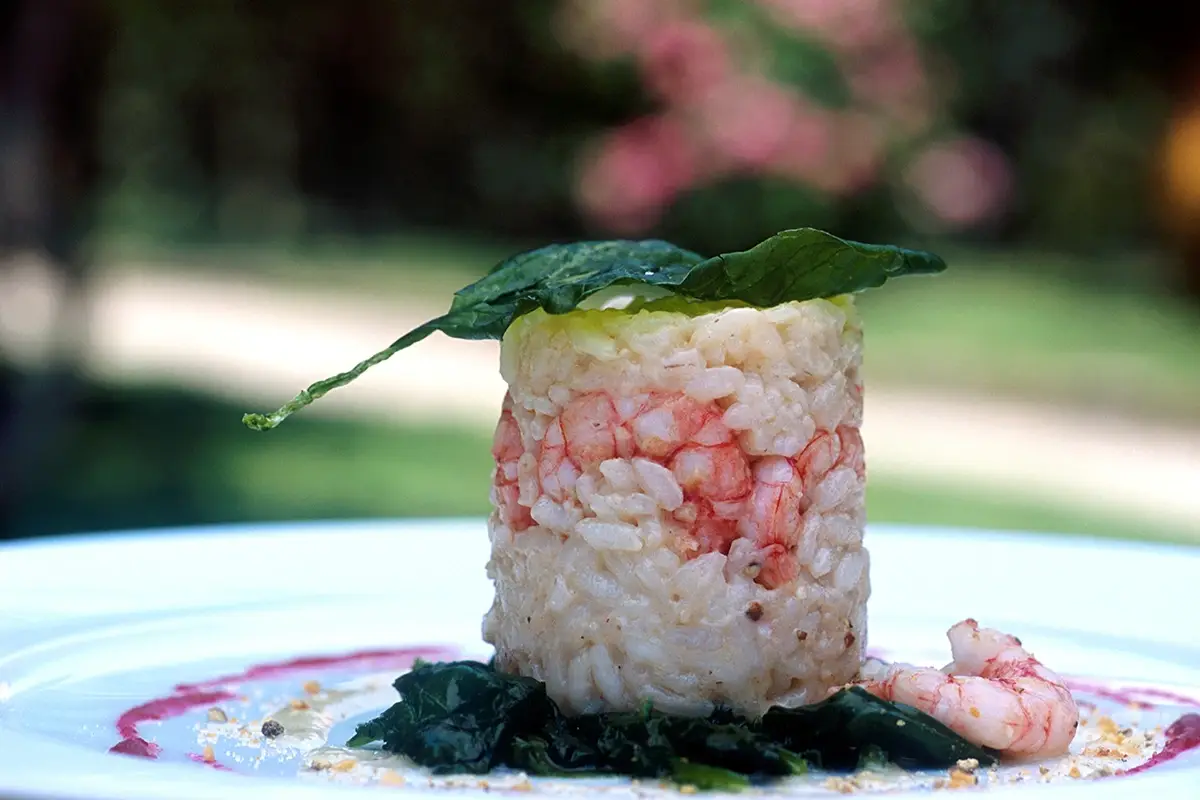 Risotto, latte di mandorla, gamberi, spinaci e pepe bianco Affare secolare di famiglia: lunga vita al Don Alfonso 1890