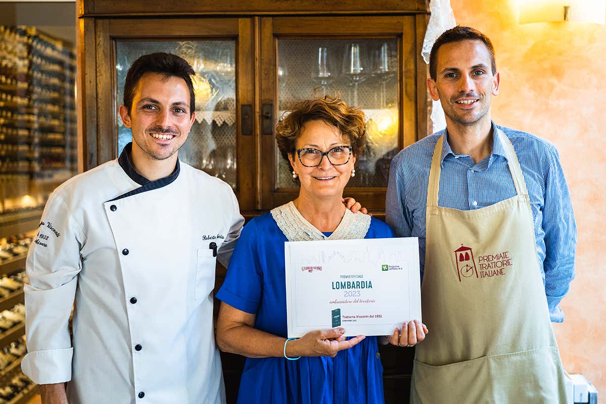 Roberto Caccia, Fiorella Visconti, Daniele Caccia Trattoria Visconti, ambasciatore del gusto 2023 per il Gambero Rosso