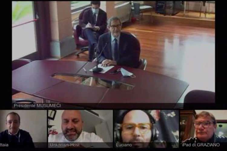 Uno screenshot dalla conferenza tra Le Soste di Ulisse e la Regione - Le Soste di Ulisse a tu per tu con Musumeci per salvare il settore