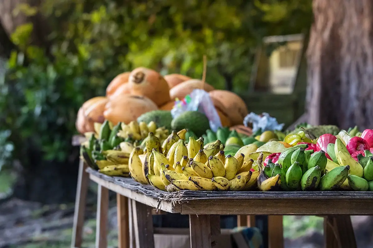 Seychelles  - Banane e platanos verde su un tavolo di legno all'aperto sulla strada principale di Praslin