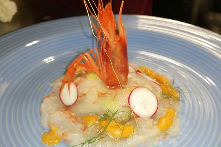 Sottilissima di gambero rosso su mozzarella di bufala e maionese