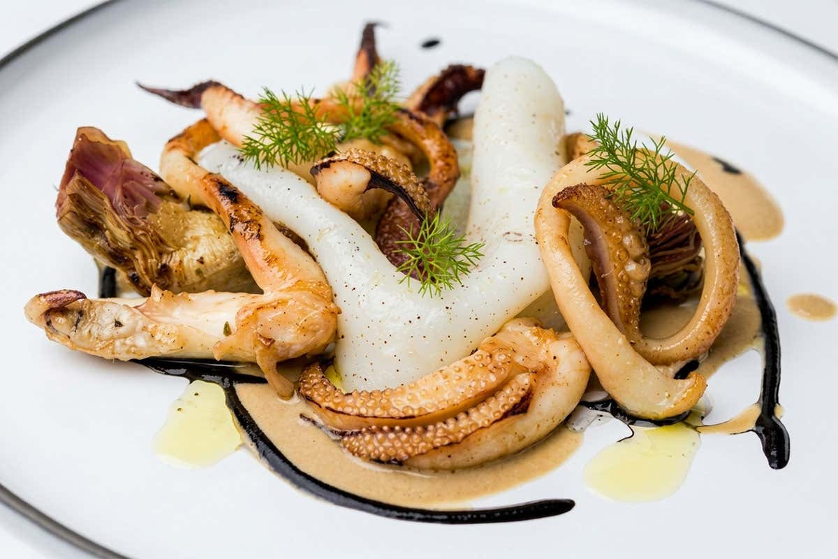 Ricetta creativa di seppia e carciofi firmata Fabio Mauro Tommaso Gallo