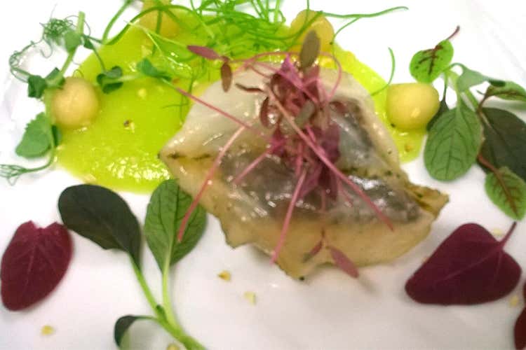 Medaglione di lucioperca del lago di Lugano con lardo, guazzetto di mela e nocciole