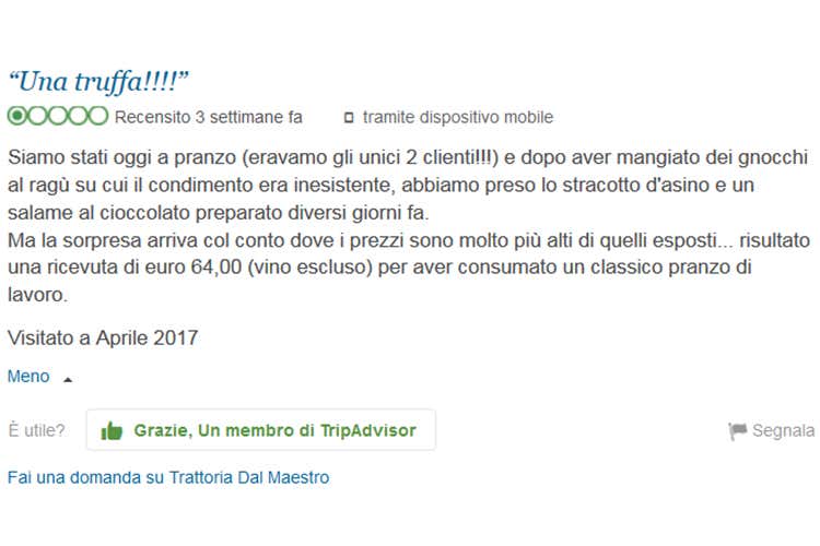 Trattoria Dal Maestro contro il Gufo Falsa accusa di truffa non rimossa