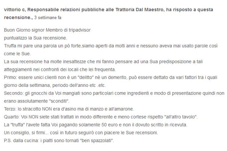Trattoria Dal Maestro contro il Gufo Falsa accusa di truffa non rimossa