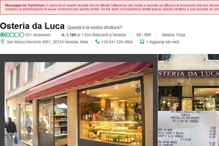(TripAdvisor può bloccare le recensioni Stop ai post sul locale di Venezia multato)