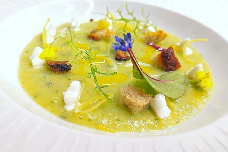Zuppetta fredda di zucchine e limone candito con crostini di pane all'aglio, ricotta e insalatina idroponica - Martina Parlato (Vegetarian Challenge entra nel vivo Siglata la partnership con Wamc)