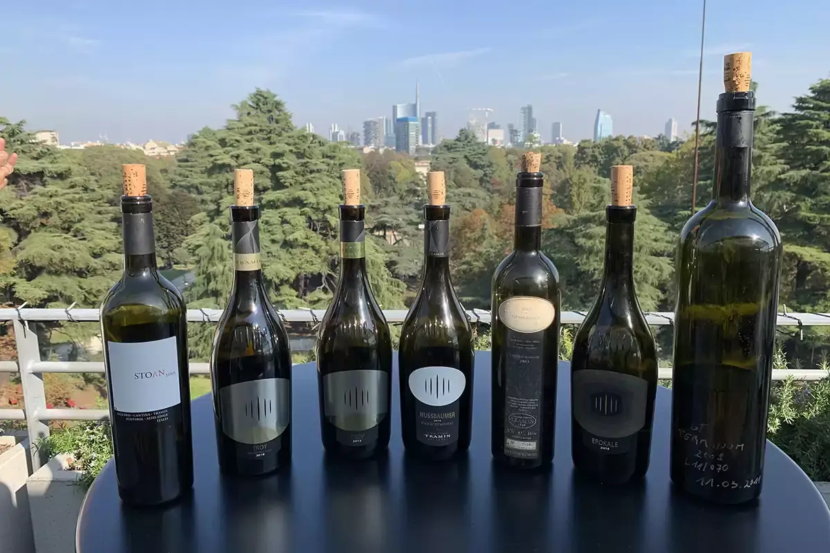 Le bottiglie in degustazione, lo skyline di Tramin Willi St&uuml;rz, trent&rsquo;anni di vendemmie con Cantina Tramin