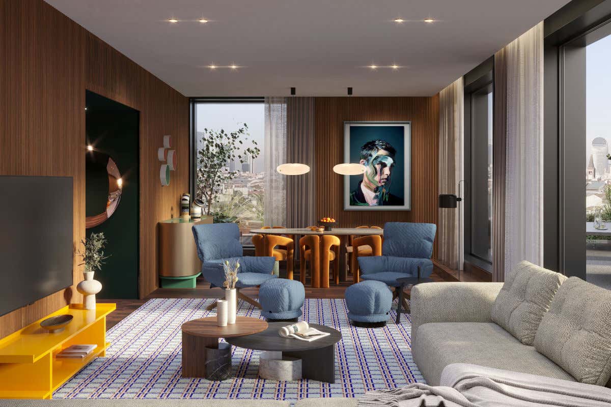 La zona living dell‘Extreme Wow Suite W Milan l’apertura del nuovo albergo in Piazzetta Bossi prevista questo autunno